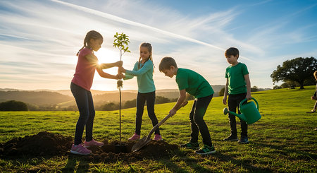 Group of children planting tree together in the countryside on a sunny dayの素材