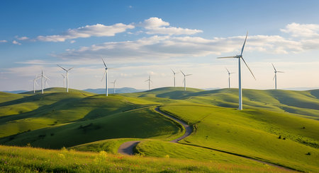 Wind turbines on the green grassland in Tuscany, Italyの素材