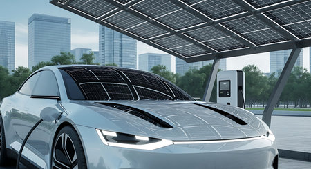 Solar panels on the roof of a modern car. 3d renderingの素材