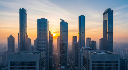 Aerial view of Shanghai financial district skyscrapers at sunset, China.の素材