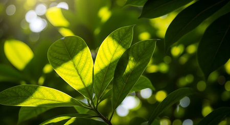 Green leaves background with sunlight in the morning. Shallow depth of field.の素材