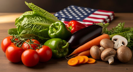 Fresh vegetables on a wooden table with an American flag in the backgroundの素材
