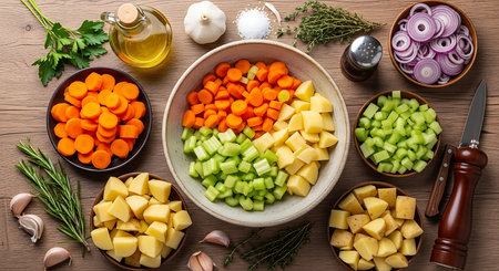 Ingredients for cooking vegetable soup: potatoes, carrots, onions, garlic, olive oil on wooden backgroundの素材
