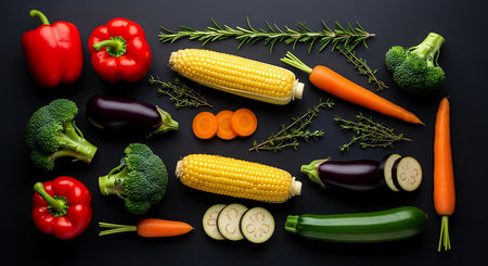 Fresh vegetables on black background. Healthy food concept. Top view.の素材