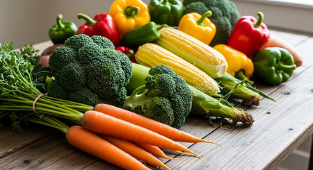 Fresh vegetables on a wooden table. Selective focus, shallow depth of field.の素材