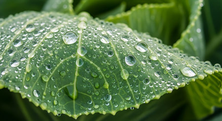 Close-up of fresh green cabbage leaf with water drops after rainの素材