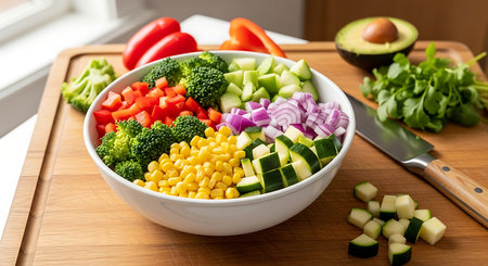 Vegetable salad with corn, broccoli, cucumber, red onion and avocadoの素材