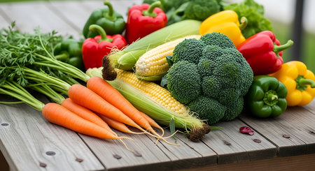 Fresh vegetables on wooden table. Healthy food background. Selective focus.の素材