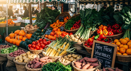 Fresh vegetables on the market stall. Fresh vegetables on the counter.の素材