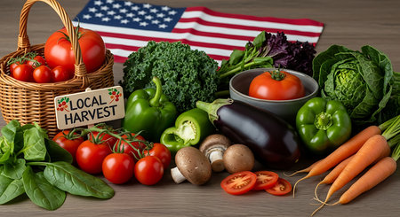 Vegetables and a basket of fresh vegetables with the American flag in the backgroundの素材