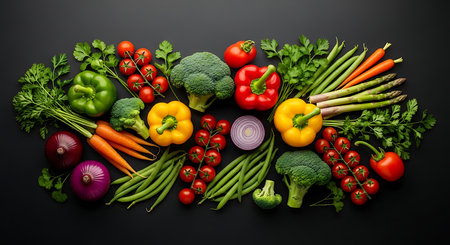 Composition with fresh vegetables on black background. Healthy food concept.の素材