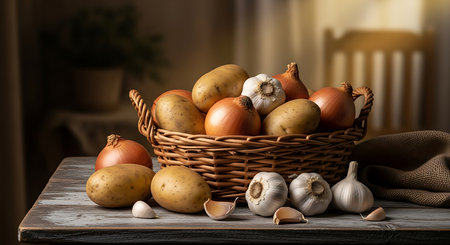 onion, garlic and potatoes in a basket on a wooden tableの素材