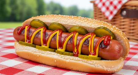 Hot dog with mustard and ketchup on a picnic in the parkの素材