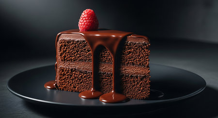 Piece of chocolate cake with raspberries on black plate.の素材