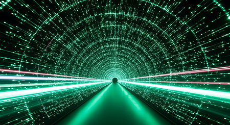 abstract 3d illustration of tunnel with glowing lights and fast speed motionの素材
