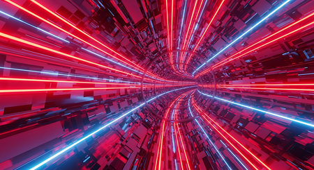 3d illustration of futuristic corridor with glowing neon lights, abstract backgroundの素材