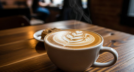 Coffee latte art on wooden table in coffee shop.の素材