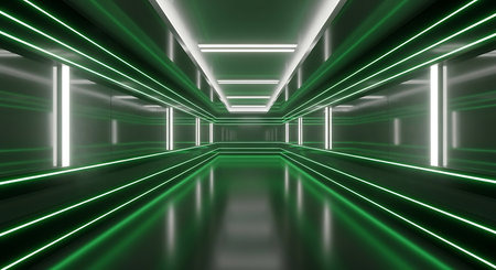 3D rendering of Futuristic tunnel corridor with glowing neon lights.の素材
