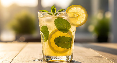 Mojito cocktail with lemon, mint and ice on a wooden tableの素材