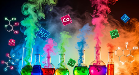Laboratory glassware with colorful liquids and chemical formula on dark backgroundの素材