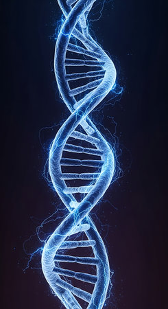 Blue DNA strand on dark background, 3D rendering. Computer digital drawing.の素材
