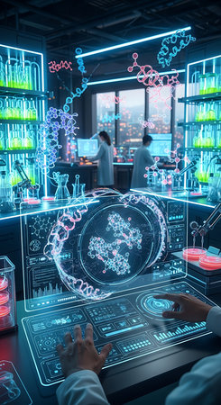 Research and development concept. Double exposure image of scientific and medical lab equipment and science experiments with hologram chemical formula.の素材