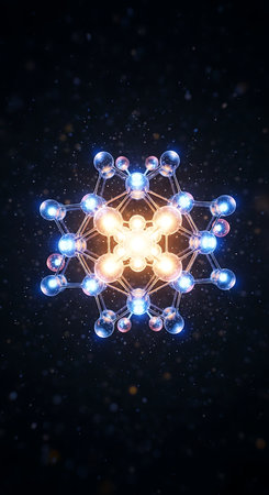 3D rendering of a blue molecule with light rays on a black backgroundの素材