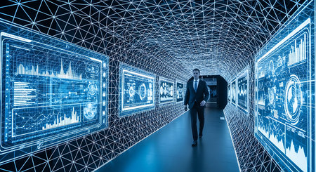 Back view of businessman looking at hologram screens in futuristic interior. Innovation concept. 3D Renderingの素材