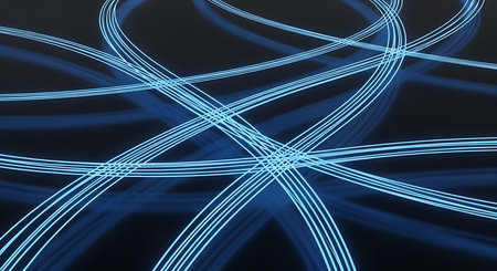 Abstract blue light lines on black background, 3d render illustration.の素材