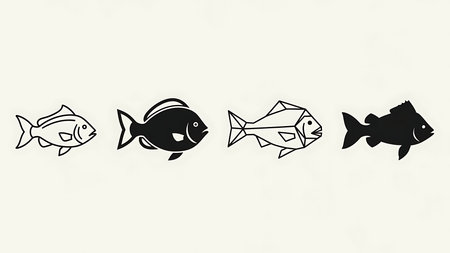 Black and white fish silhouettes on white background. Vector illustration.の素材