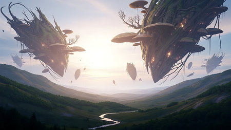 Fantasy landscape with fantasy trees and river. 3d illustration.の素材