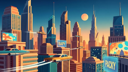 Cityscape with skyscrapers, buildings and cars. Vector illustrationの素材