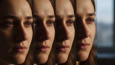 Close-up portrait of a beautiful young woman with different facial expressionsの素材