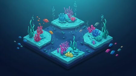 Underwater world with corals and algae, isometric 3d illustrationの素材