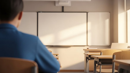 Back view of young man sitting in classroom and looking at whiteboardの素材