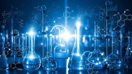 Laboratory glassware with scientific research and development concept. 3D Renderingの素材