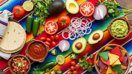 Mexican food ingredients on wooden background. Nachos, guacamole, avocado, tomato, onion, chili pepper, parsley. Top view.の素材