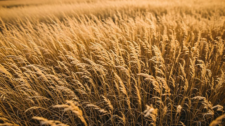 Golden ears of wheat close-up in the rays of the setting sun.の素材