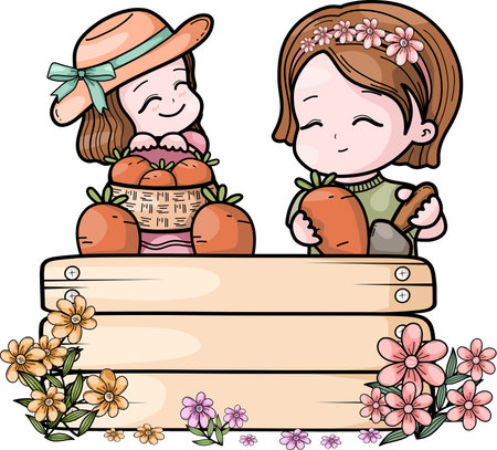Vector illustration promoting the empowerment of women and children in farming and vegetable cultivation.のイラスト素材