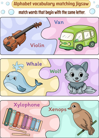 Vocabulary matching jigsaw puzzles with words starting with the same letter AâZ, Jigsaw VâX.のイラスト素材