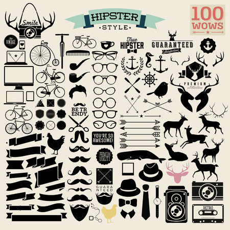 100 hipster icon! wow! all you need! - huge set of vintage hipster labels with heart, arrow, bicycle, phone, sunglasses, mustache, bow, anchors, apple and camera. Vector illustration.のイラスト素材