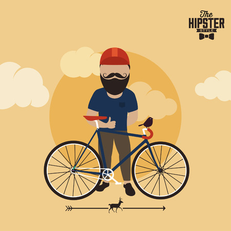 Hipster character illustration with bicycle and bird, typography, vector, editableのイラスト素材