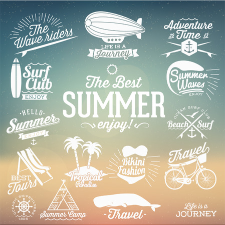Retro elements for Summer calligraphic designs | Vintage ornaments | All for Summer holidays | tropical paradise, sea, sunshine, weekend tour, beach vacation, bon voyage, adventure labels | vector setのイラスト素材