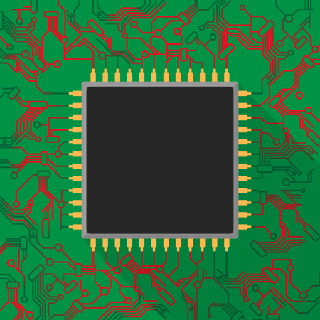 Microchip processor on green printed circuit board with red lightのイラスト素材