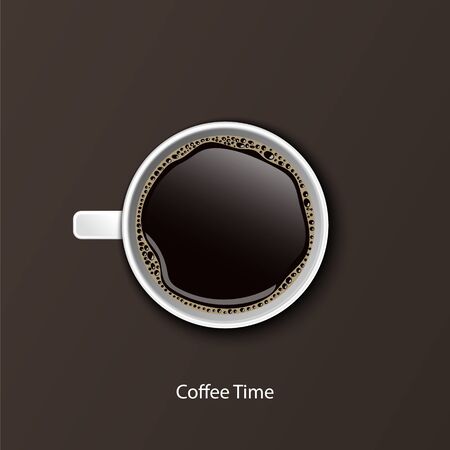 Coffee in white cups view from the top on brown background, vector illustrationのイラスト素材
