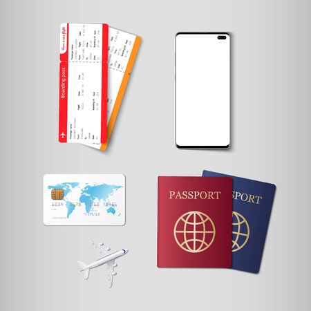 Travel concept, passport, boarding pass, credit cart and smartphone , vector illustrationのイラスト素材