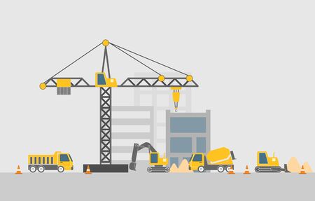 Construction site with construction machines, flat design, vector illustrationのイラスト素材
