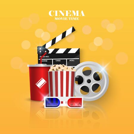 Cinema background concept, movie theater object on yellow  background, vector illustrationのイラスト素材