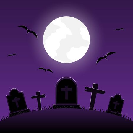 Halloween night, graveyard with cross on moonlight background, vector illustrationのイラスト素材