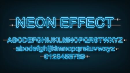Blue light neon effect, English alphabet and number sign, vector illustrationのイラスト素材